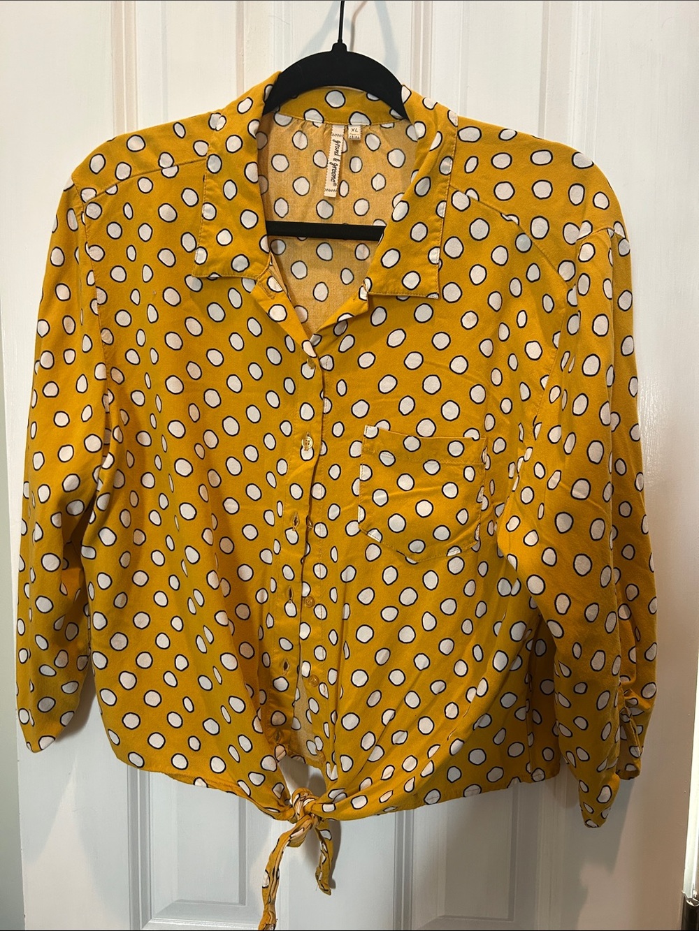 Grand & Greene Yellow Polka Dot Tie-Front Button Down Shirt